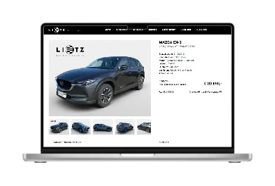 Statische Lietz-Fahrzeugdetailseite auf MacBook und Mazda-Aktionsseite auf iPhone