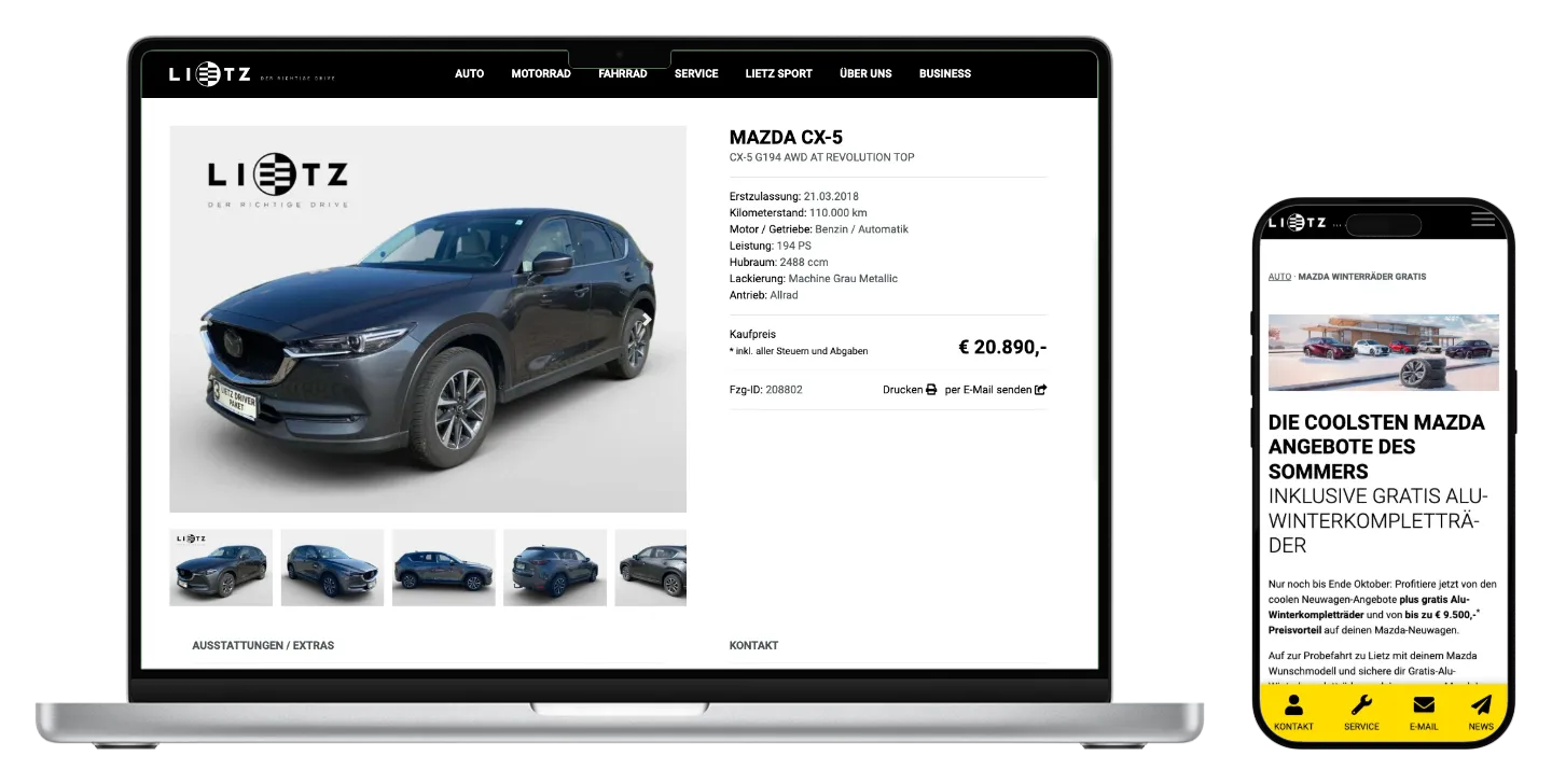 Statische Lietz-Fahrzeugdetailseite auf MacBook und Mazda-Aktionsseite auf iPhone