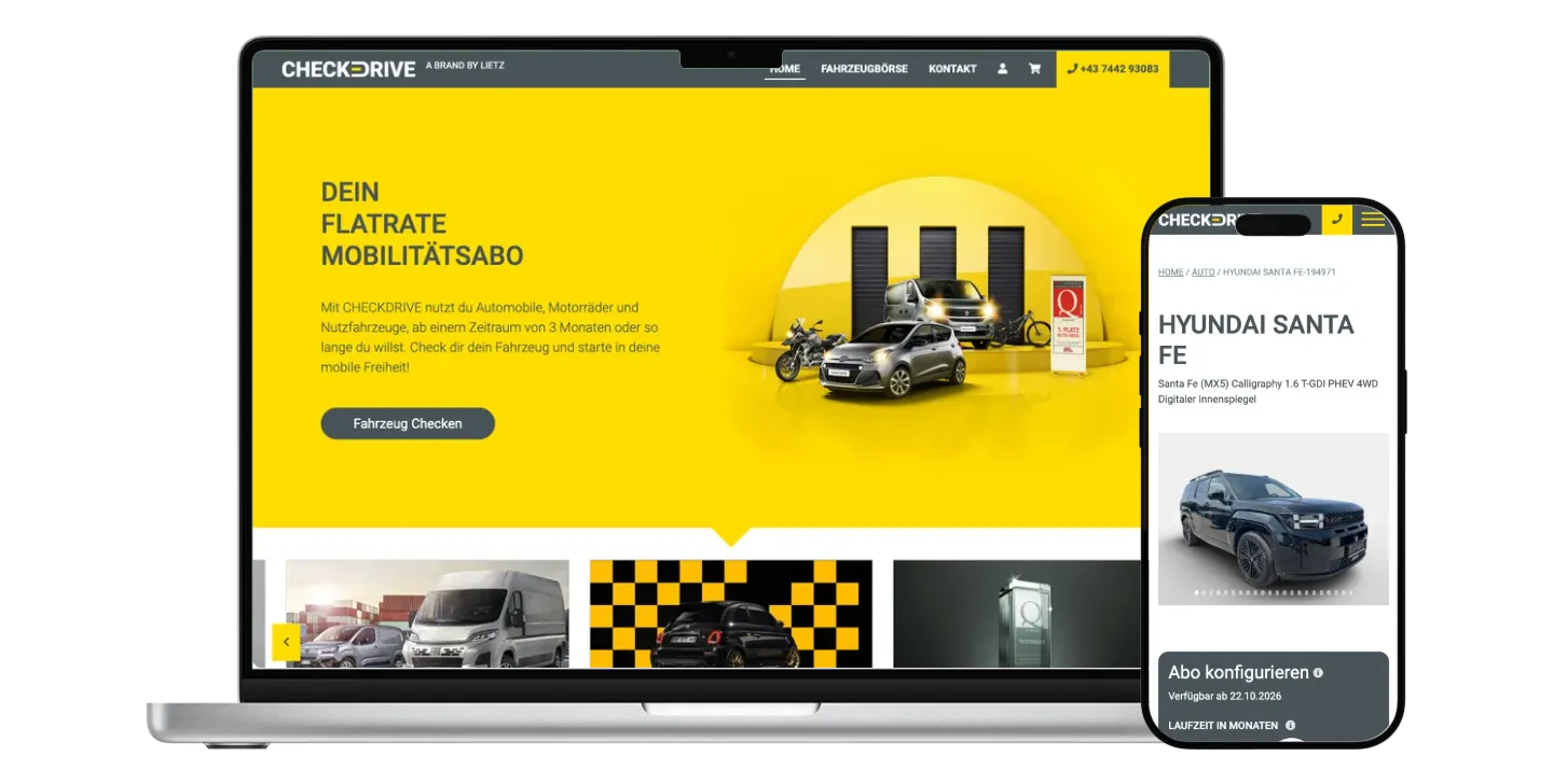 Checkdrive-Startseite auf einem Laptop mit überlappendem iPhone und Hyundai-Santa-Fe-Fahrzeugdetail