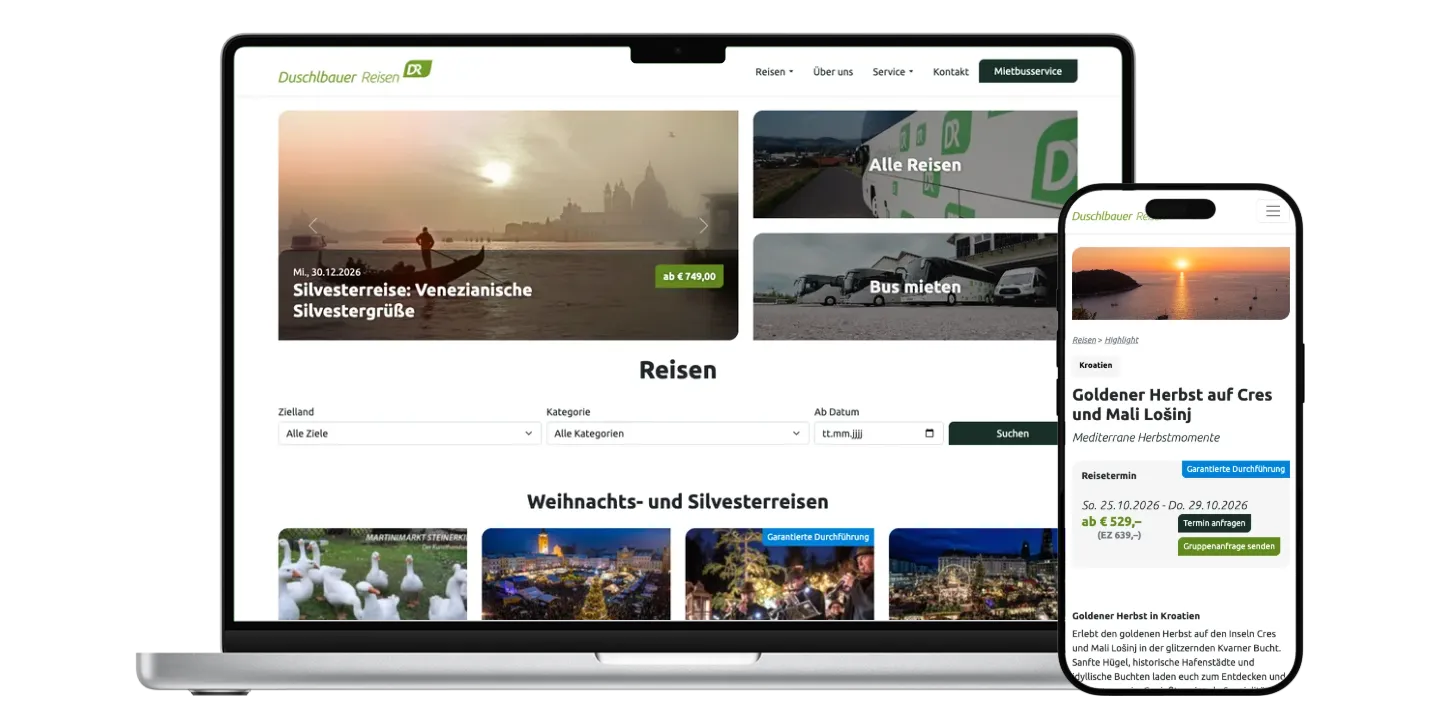Duschlbauer-Startseite auf einem Laptop mit überlappendem iPhone und Reisedetail zu Cres und Mali Lošinj