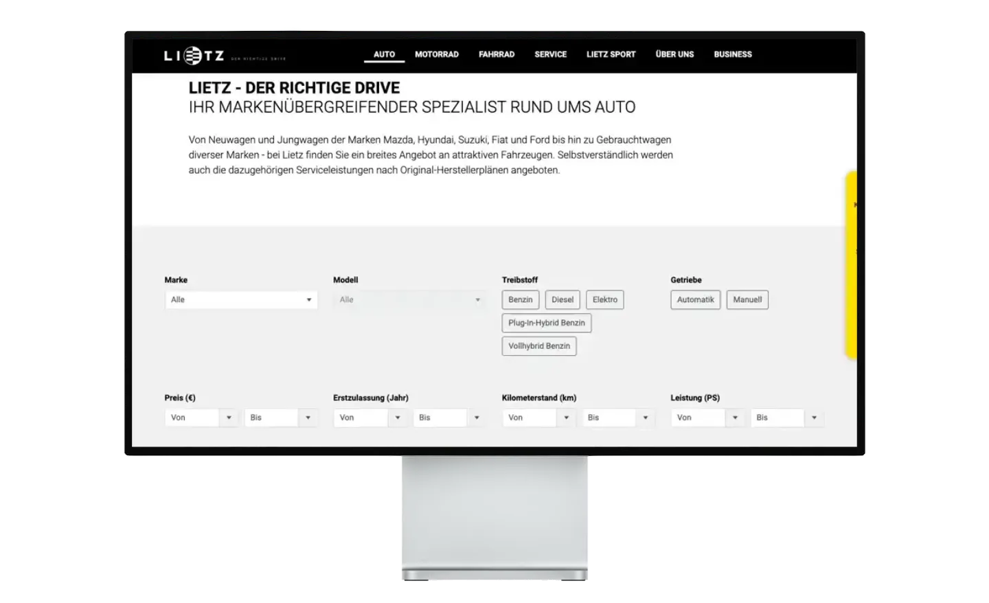 Lietz-Fahrzeugfilter mit Marken- und Modellauswahl auf einem Studio Display