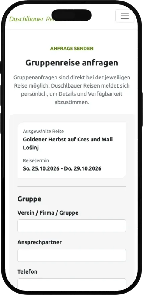 Statisches Gruppenanfrageformular von Duschlbauer Reisen auf einem iPhone