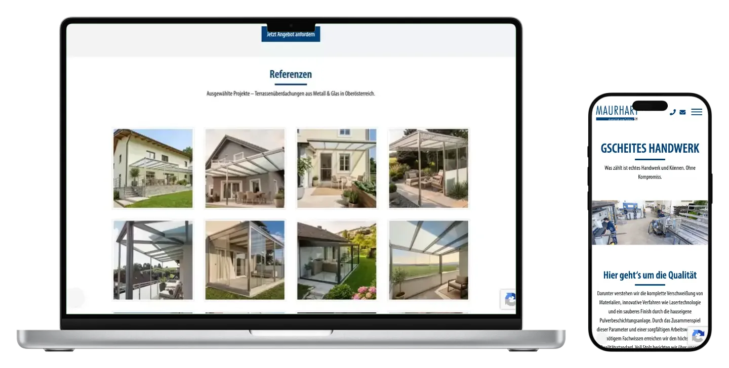 Animierte Terrassenreferenzen auf MacBook und statisches Gscheites Handwerk auf iPhone