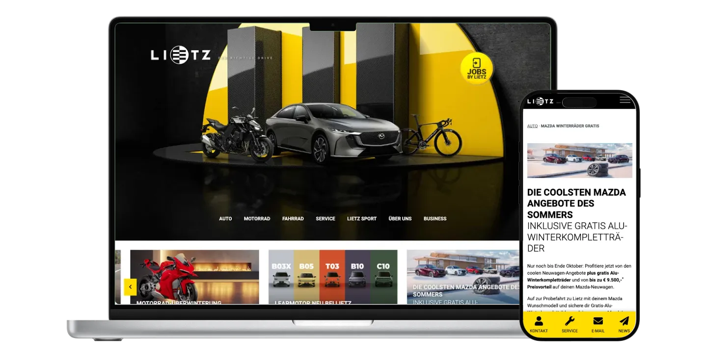 Lietz-Startseite auf einem Laptop mit überlappendem iPhone und Mazda-Winterräder-Aktionsseite