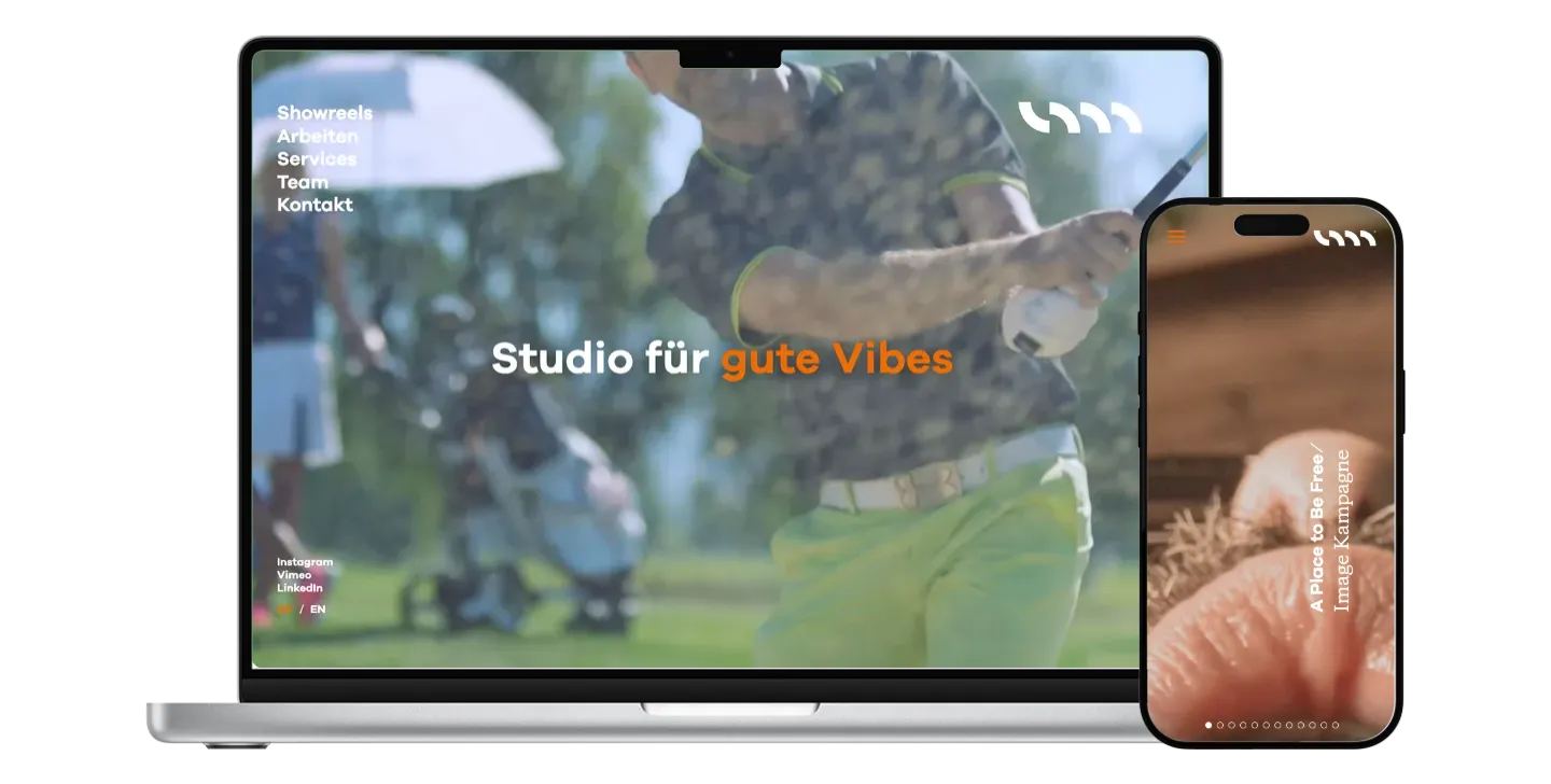LM.Media-Startseite auf einem Laptop mit überlappendem iPhone und Imagefilmgalerie