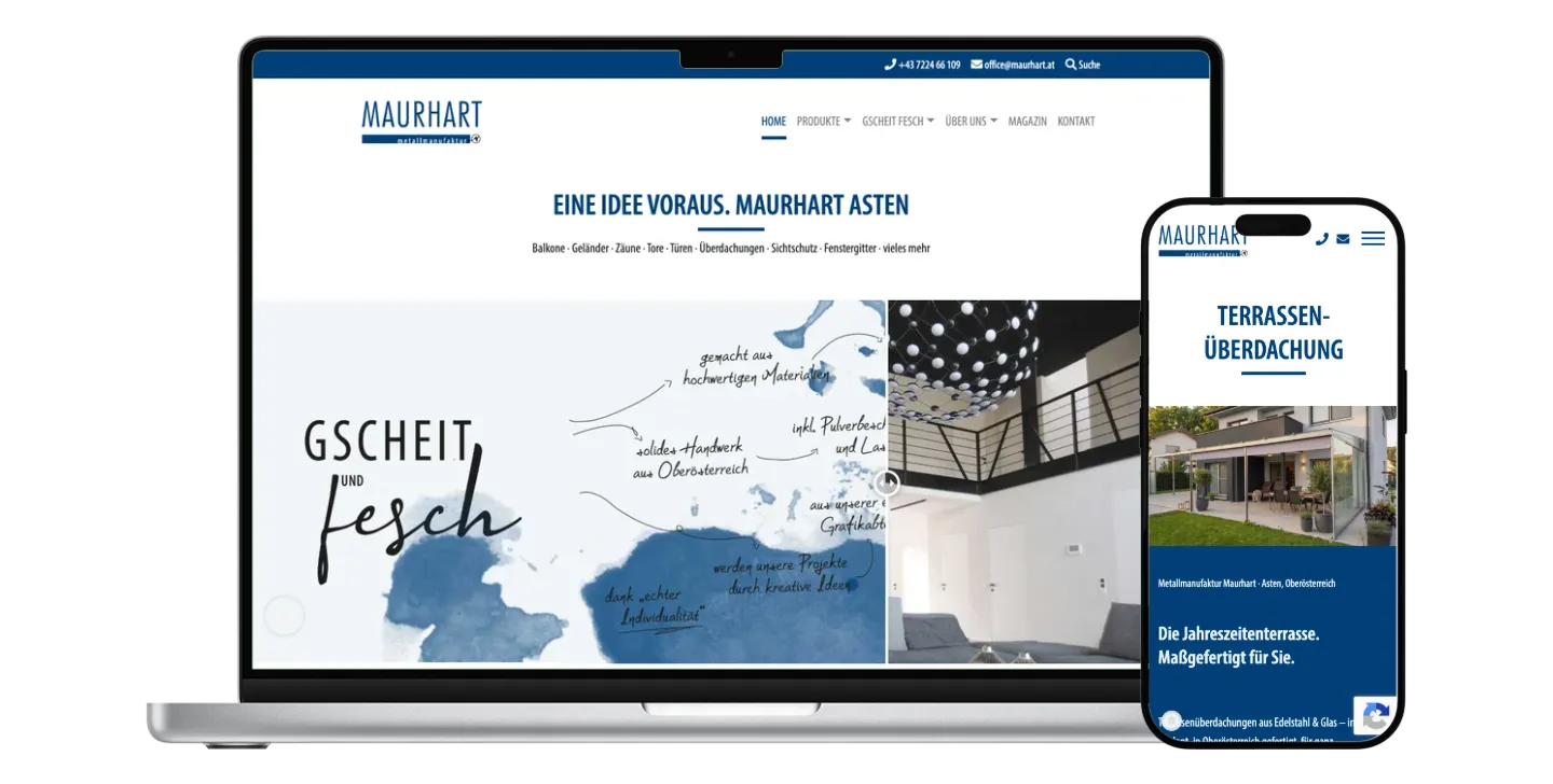 Maurhart-Startseite auf einem Laptop mit überlappendem iPhone und Terrassenüberdachungen