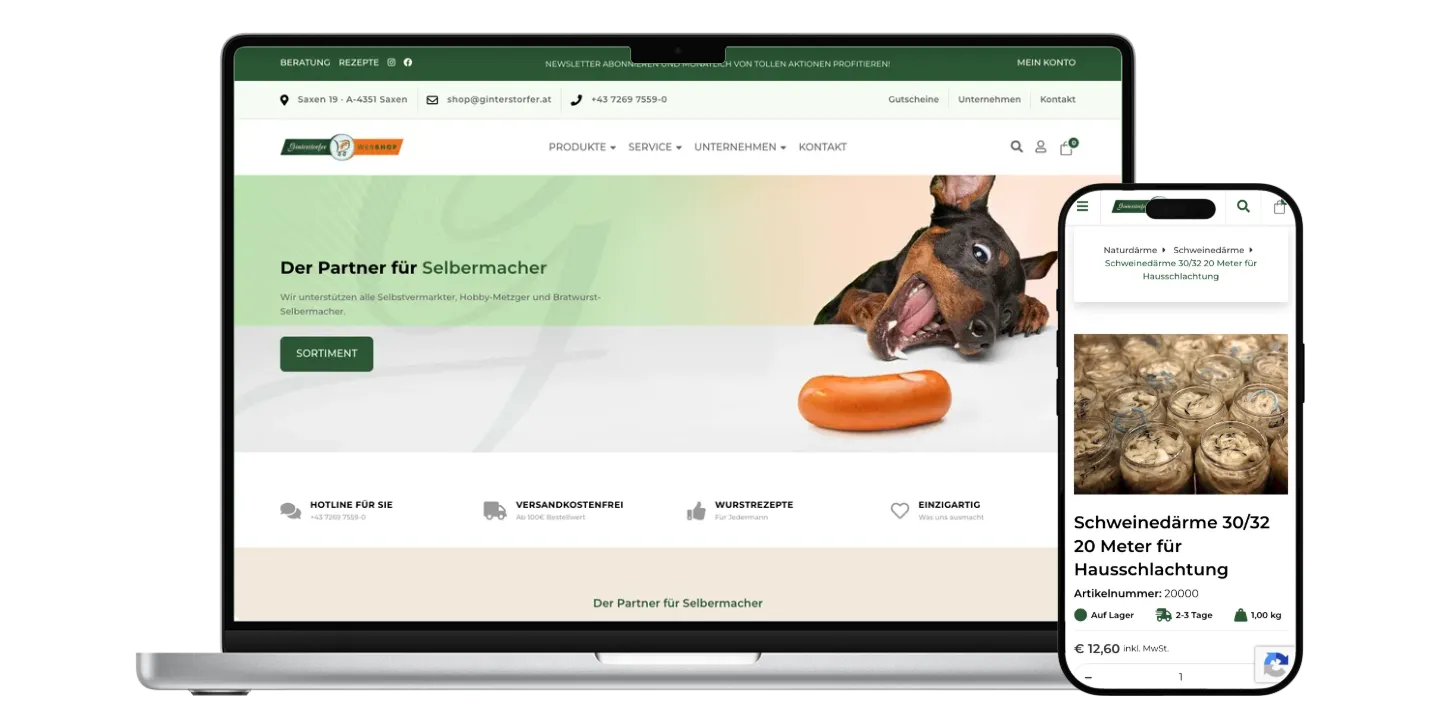 Selbermacher24-Startseite auf einem Laptop mit überlappendem iPhone und Schweinedärme-Produktseite
