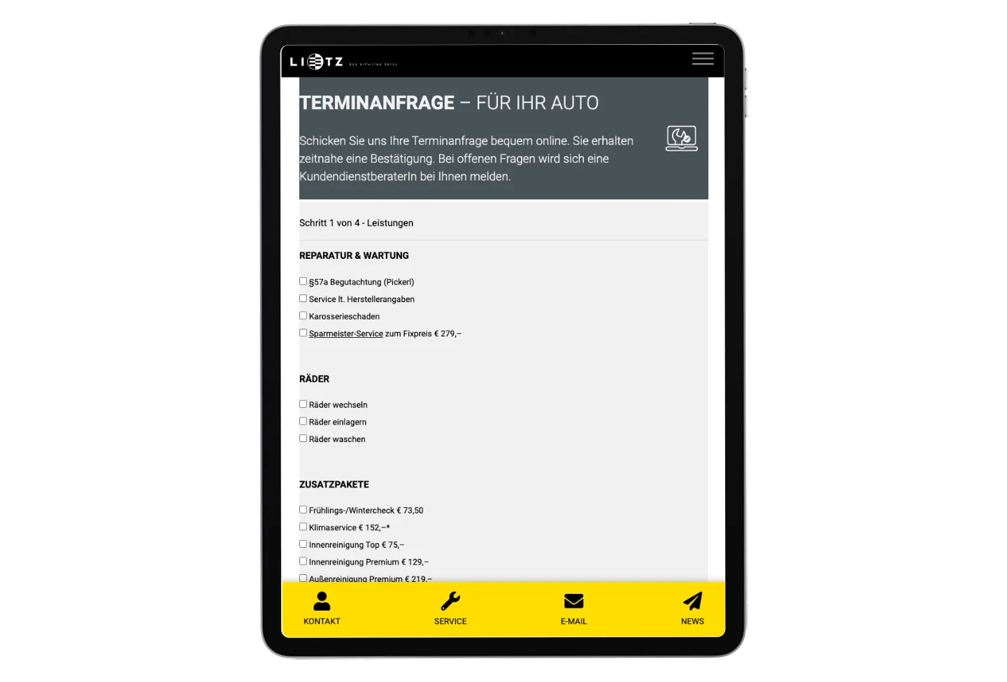 Statisches Lietz-Serviceformular mit Leistungsauswahl auf einem iPad