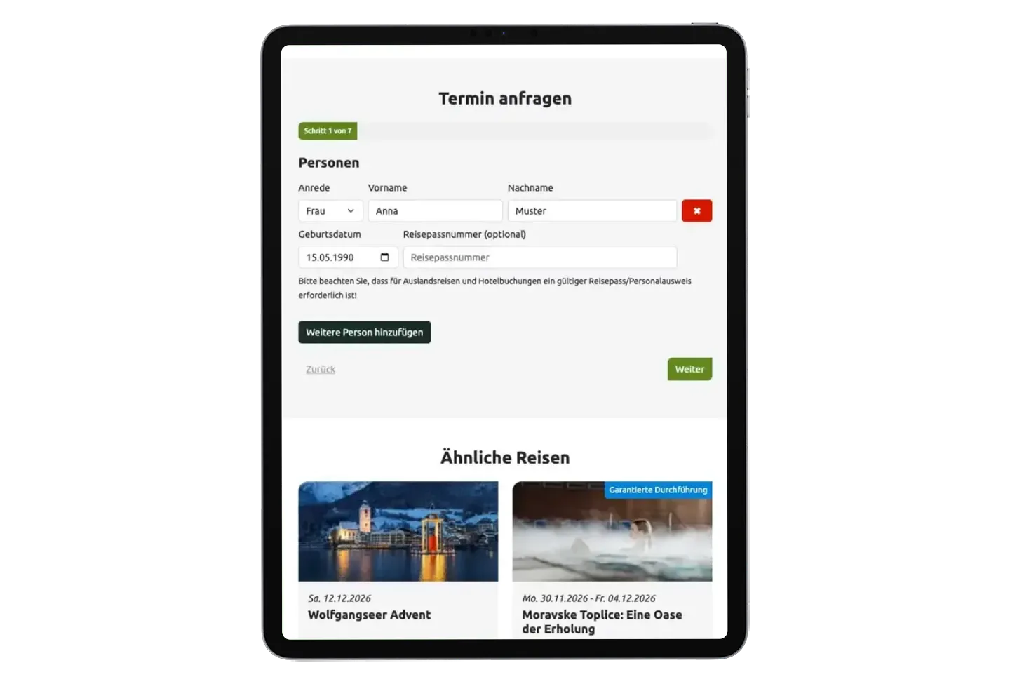 Terminanfrage bei Duschlbauer Reisen auf einem iPad im Hochformat