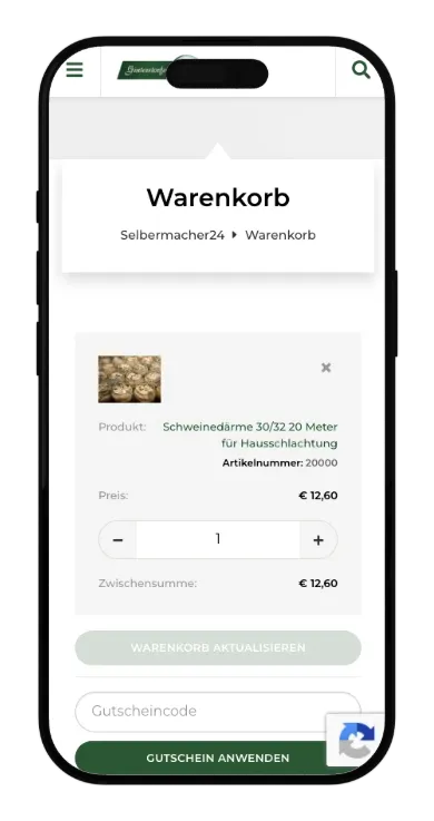 Selbermacher24-Warenkorb mit Schweinedärmen auf MacBook und iPhone, mobil auf iPhone