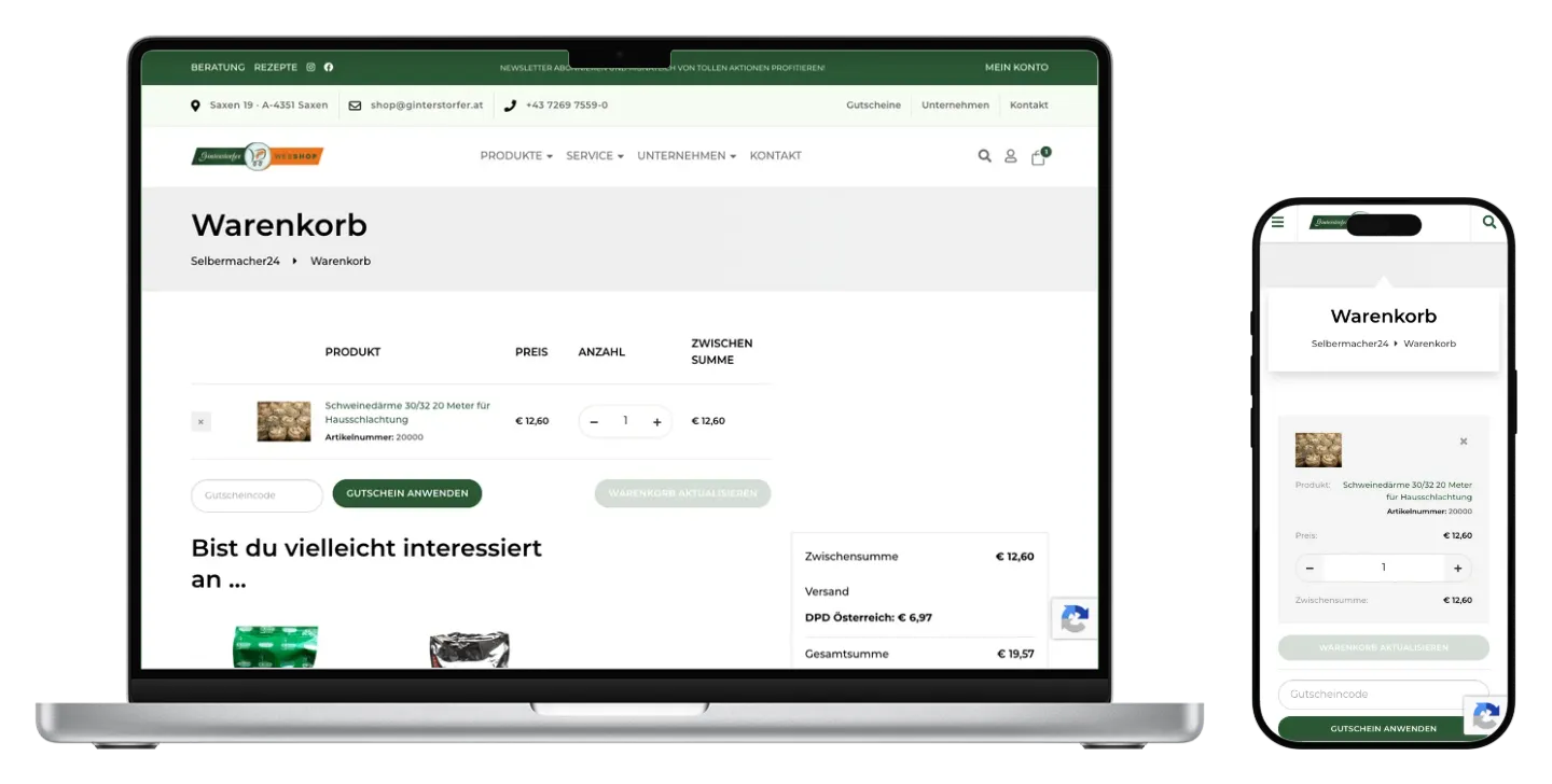 Selbermacher24-Warenkorb mit Schweinedärmen auf MacBook und iPhone, mobil auf iPhone